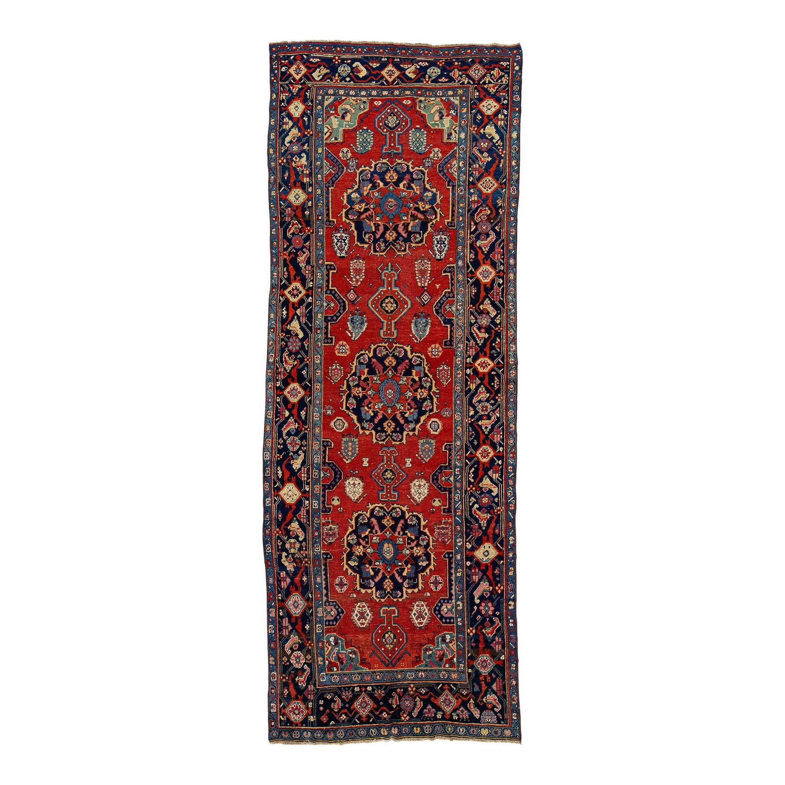 Vintage Handmade Wool Mahal Runner with Multicolor Design 5'1 x 13'9: Vintage Handmade Wool Mahal Runner with Multicolor Design 5'1 x 13'9 This exquisite vintage runner showcases a stunning handmade design, featuring a rich red field adorned with multicolor accents thro