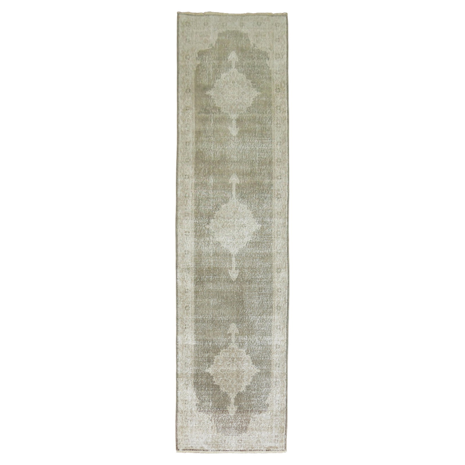 Zabihi Collection Vintage Gray Turkish Runner 32x120 Wool Hand-Knotted: Zabihi Collection Vintage Gray Turkish Runner 32x120 Wool Hand-Knotted This exquisite vintage Turkish runner from the Zabihi Collection showcases a predominantly gray tone, embodying the elegance of M