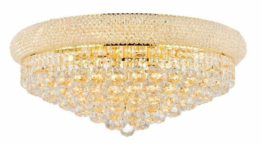 Primo 12-Light Gold Crystal Flush Mount 24 in: Primo 12-Light Gold Crystal Flush Mount 24 in Contemporary 12-light flush mount chandelier with a gold finish and clear Royal Cut crystal details, including crystal balls. It is hardwired, intended fo