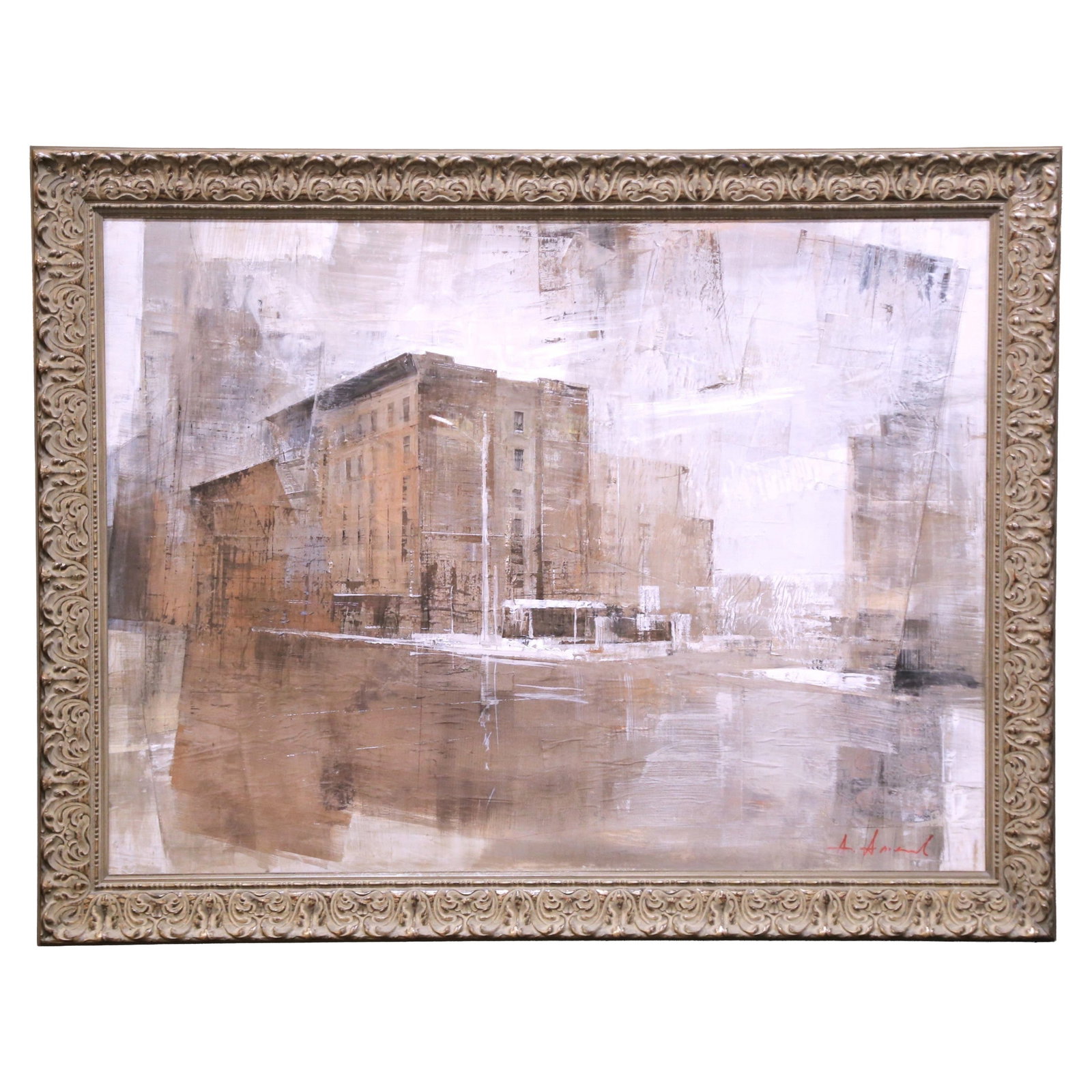 Alexey Alpatov Signed Urban Canvas in Silver Leaf Frame: Alexey Alpatov Signed Urban Canvas in Silver Leaf Frame This large contemporary cityscape painting by Russian artist Alexey Alpatov features an urban streetscape rendered in a refined palette of taupe