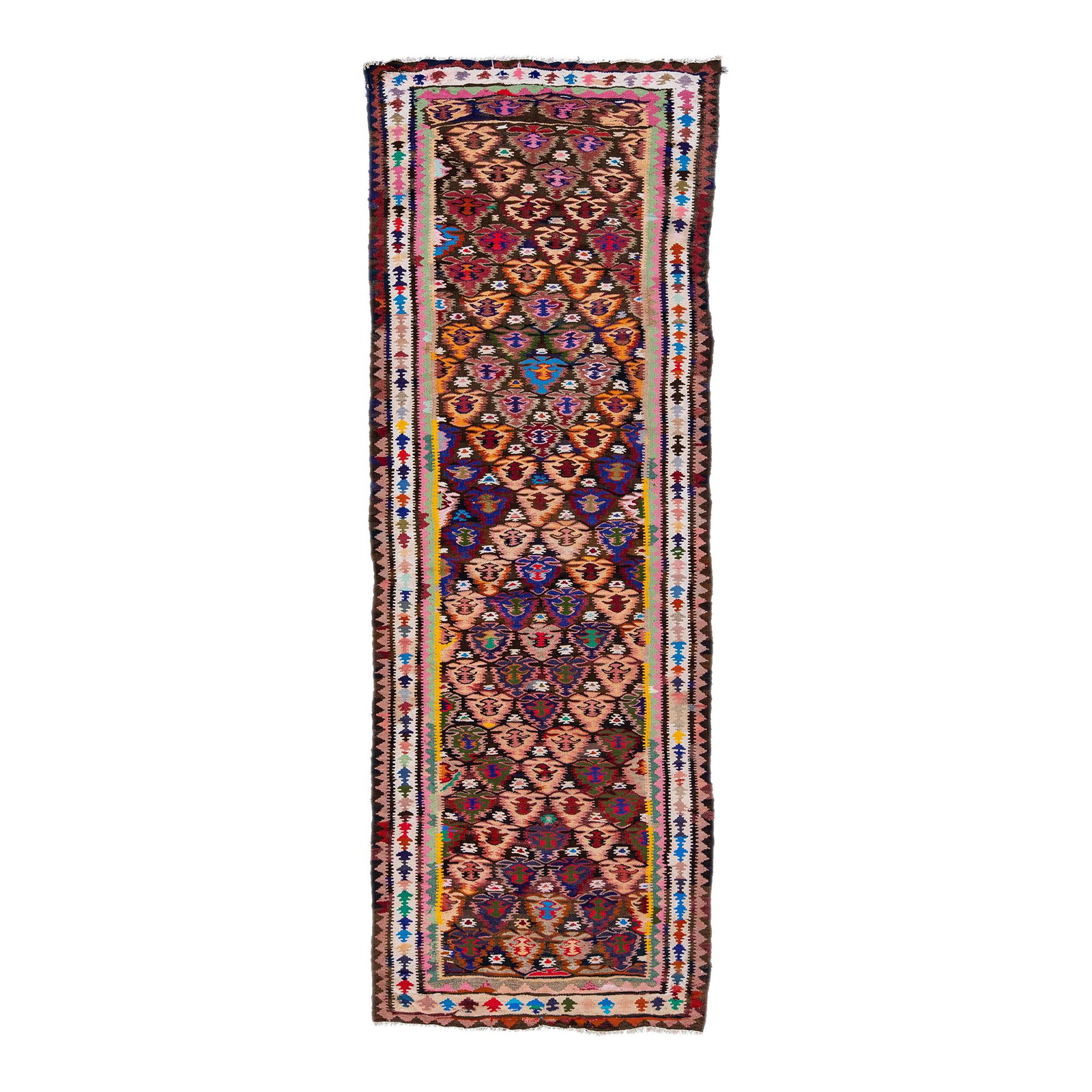 Vintage Turkish Kilim Handmade Wool Runner Multicolor Tribal Design: Vintage Turkish Kilim Handmade Wool Runner Multicolor Tribal Design This stunning vintage Turkish Kilim runner showcases a beautifully hand-knotted wool construction, featuring a beige field bordered 