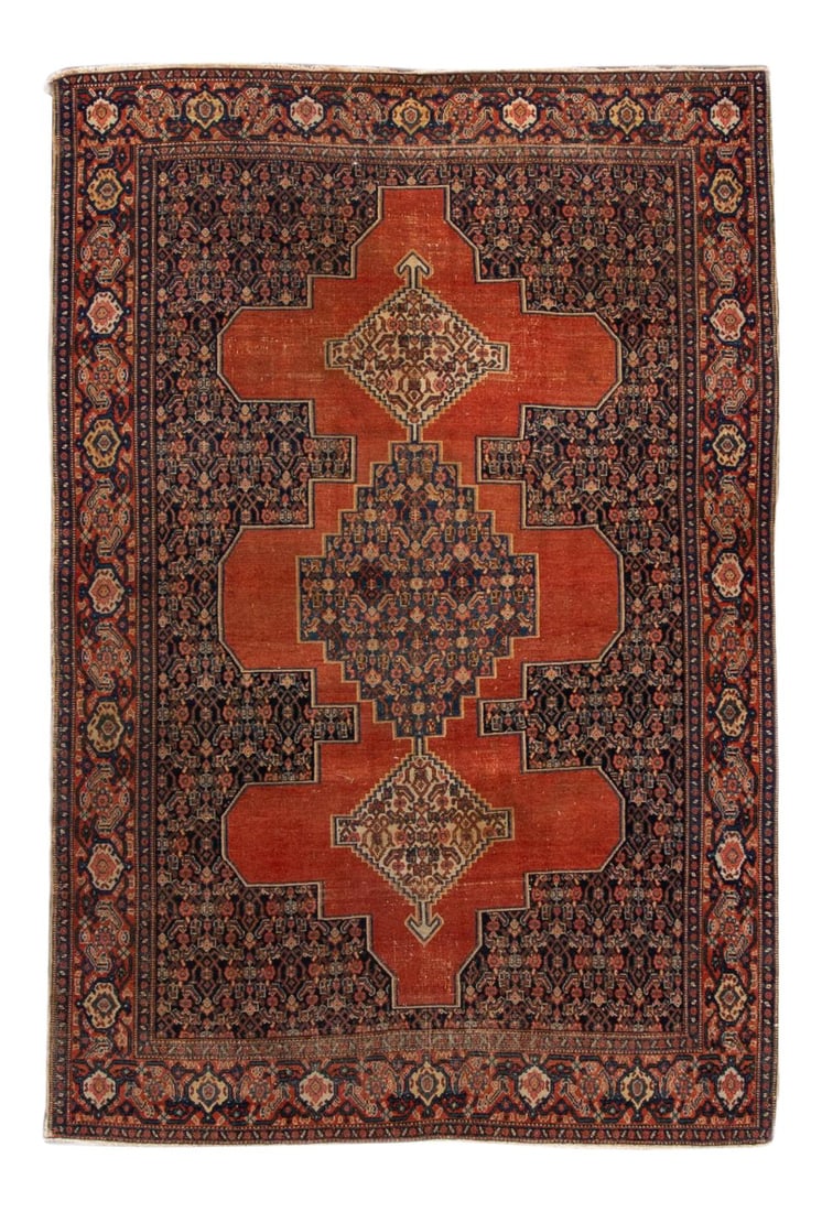 Antique Senneh Persian Wool Rug 4'5" x 6'6" Orange Blue: Antique Senneh Persian Wool Rug 4'5" x 6'6" Orange Blue Enhance your space with this exquisite Antique Senneh Persian hand-knotted wool rug, featuring a vibrant blue and orange field. The intricate al