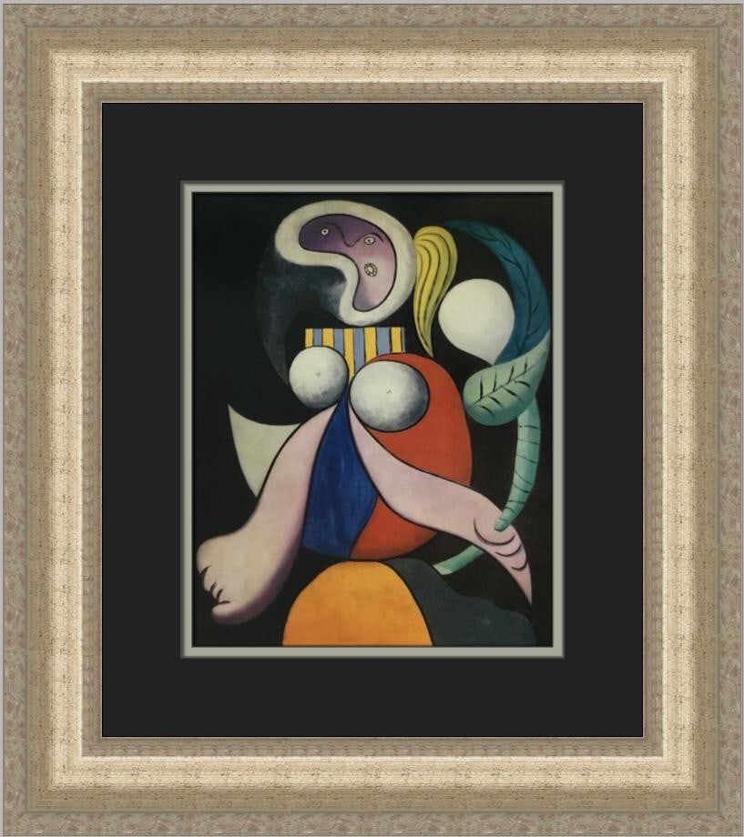 Pablo Picasso Woman with a Flower Custom Framed Print 18 x 17: Pablo Picasso Woman with a Flower Custom Framed Print 18 x 17 This exquisite custom framed print features Pablo Picasso's iconic work "Woman with a Flower," capturing a nude figure in an abstract expr
