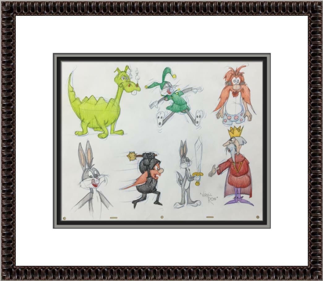 Virgil Ross Signed Bugs Bunny Model Sheet Custom Framed Artwork: Virgil Ross Signed Bugs Bunny Model Sheet Custom Framed Artwork This original model sheet drawing features the beloved character Bugs Bunny along with Dragon King Arthur and Yosemite Sam, beautifully 