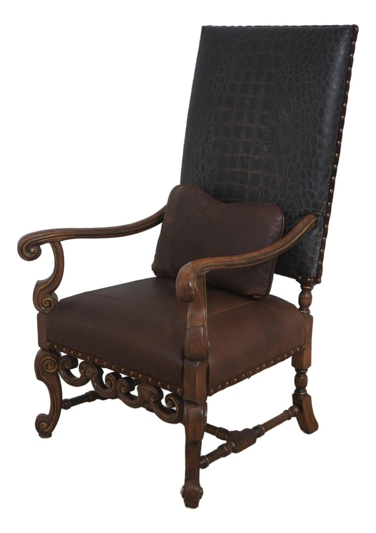 Century Brown Leather High Back Armchair Queen Anne Legs (1 of 10)