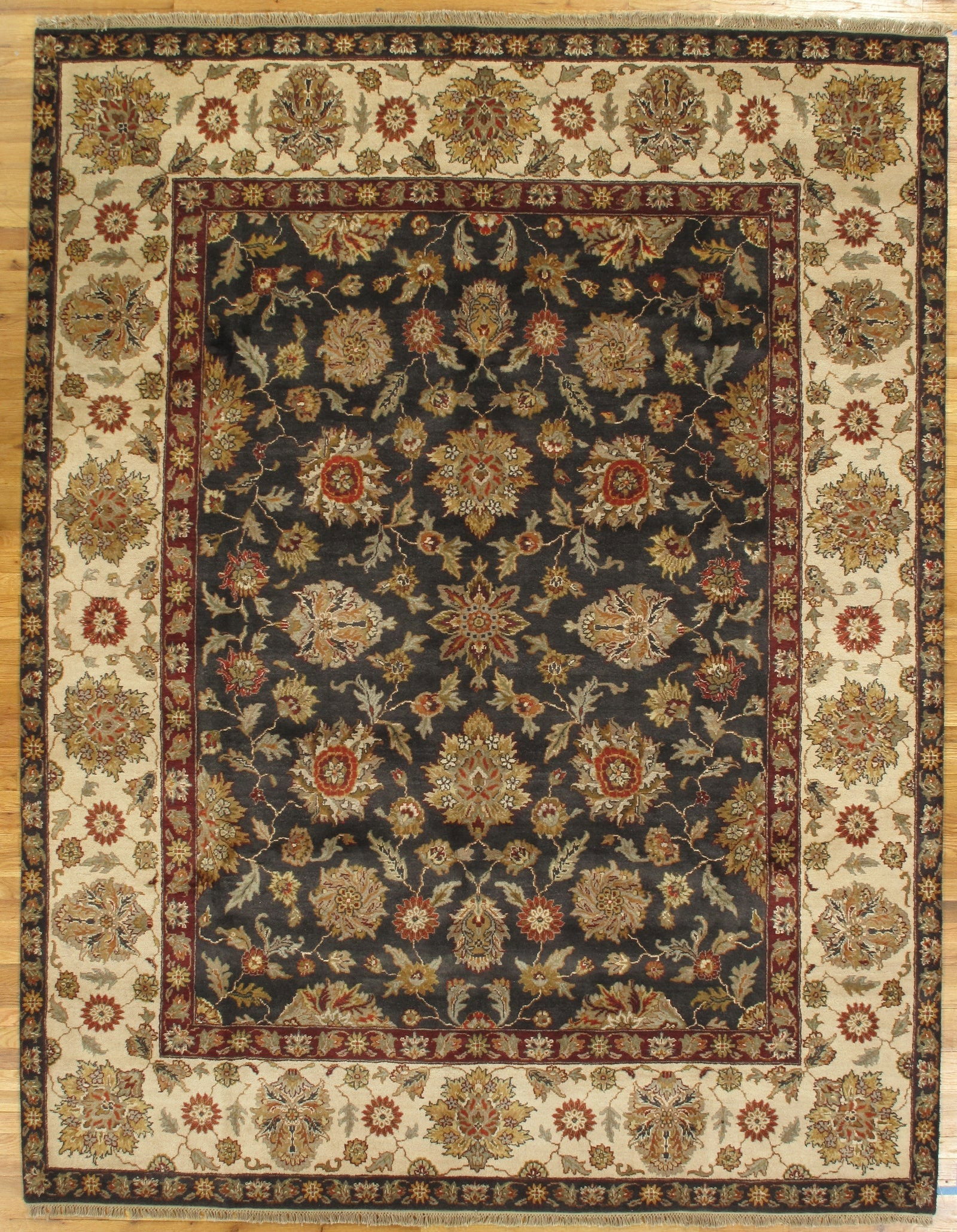 8 x 10.3 Hand Knotted Jaipur Rug Blue Black Wool: 8 x 10.3 Hand Knotted Jaipur Rug Blue Black Wool Free continental US Shipping A handcrafted Jaipur rug in a blue and black color palette, made in India from premium quality wool. It features a classic