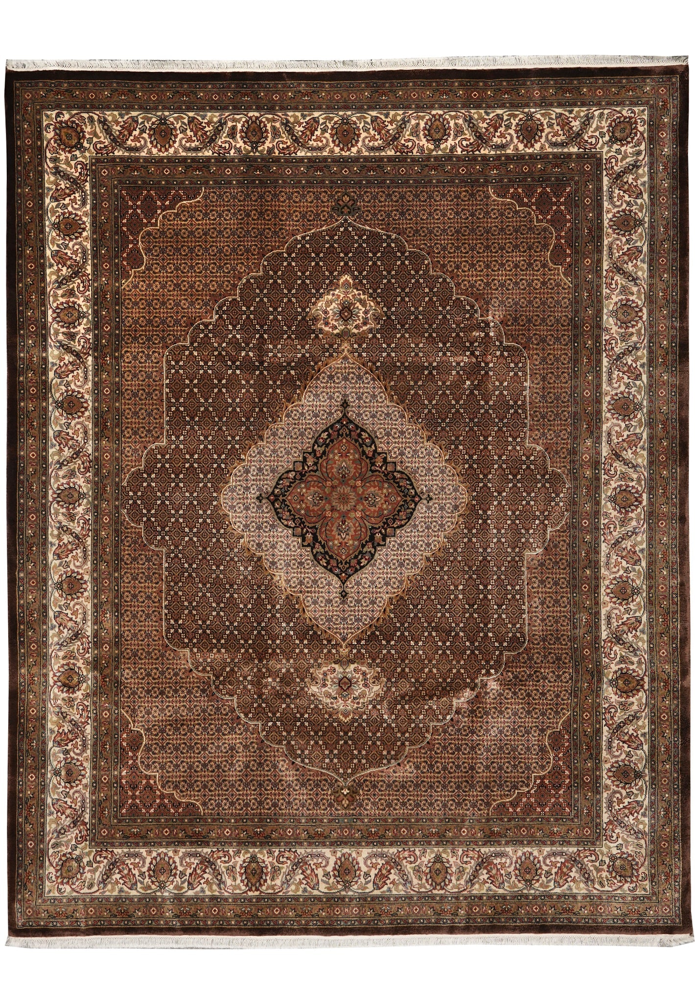 Tabriz Mahi Handmade Persian Area Rug 8.1 x 10 Wool and Silk Dark Chocolate Brown: Tabriz Mahi Handmade Persian Area Rug 8.1 x 10 Wool and Silk Dark Chocolate Brown Free continental US Shipping This handmade area rug from Tabriz, Iran, features the classic Mahi (Herati) pattern with
