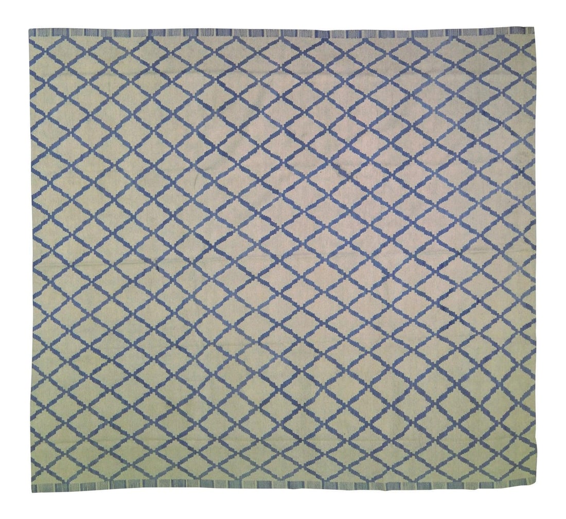 Handwoven Berberi Moroccan Kilim Rug Organic Wool Natural Blue 8'4" x 9'5": Handwoven Berberi Moroccan Kilim Rug Organic Wool Natural Blue 8'4" x 9'5" This vintage Moroccan Berberi kilim is hand woven from organic wool and features a geometric pattern in natural colors. Its t