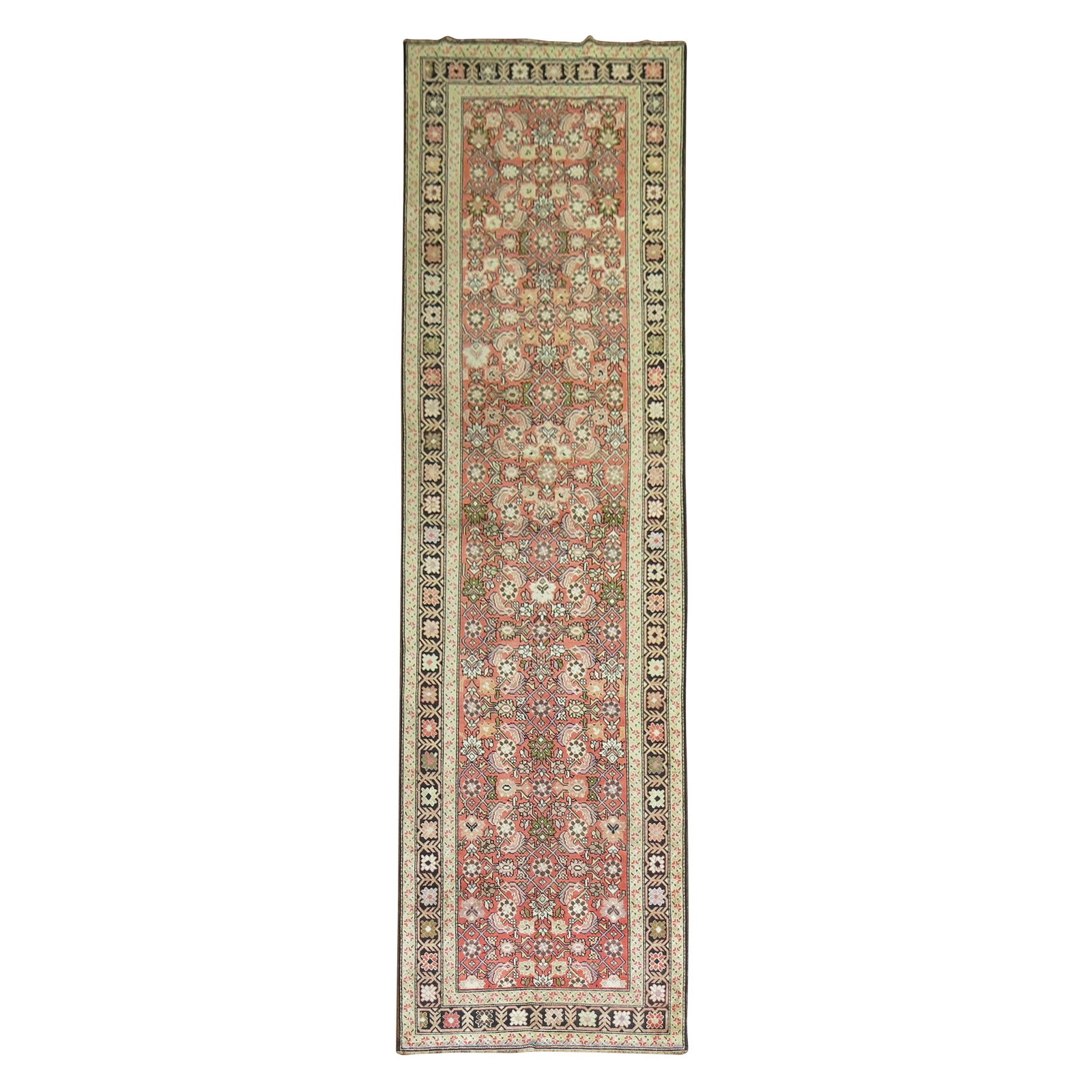 Unique 1920s Zabihi Karabagh Runner Rose Color Wool 3'6 x 13'2: Unique 1920s Zabihi Karabagh Runner Rose Color Wool 3'6 x 13'2 Discover the unique beauty of this one-of-a-kind Zabihi Collection Karabagh runner. Featuring a soft rose field contrasted by a dark brow
