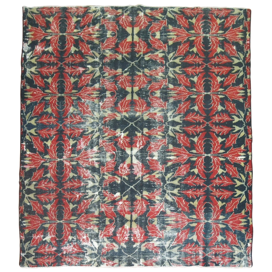 1950s Turkish Anatolian Wool Cotton Rug 84 x 100 in: 1950s Turkish Anatolian Wool Cotton Rug 84 x 100 in This vintage Turkish Anatolian rug from the mid-20th century features a weathered appearance and is crafted using cotton and wool. Showcasing the Ad