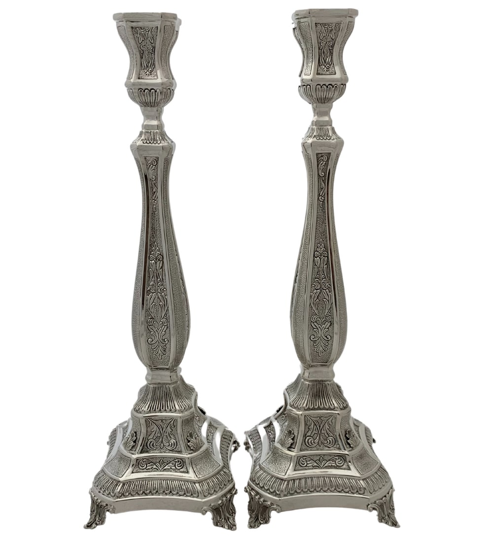 Handmade 925 Sterling Silver Leaf Candlesticks 17 Inch: Handmade 925 Sterling Silver Leaf Candlesticks 17 Inch These fine candlesticks are crafted from 925 sterling silver and feature handmade chased leaf applique designs. They showcase a combination of ma