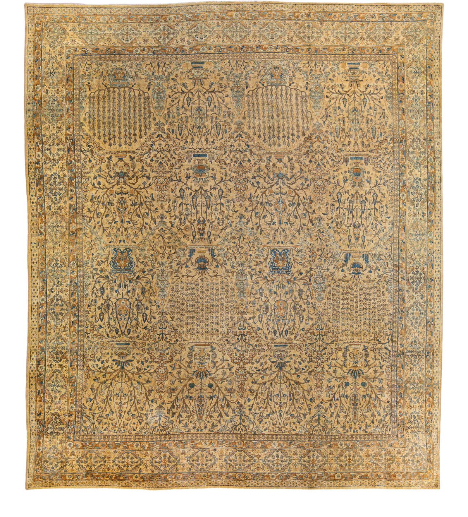 Antique Kerman Hand-Knotted Wool Rug 12'2 x 14' Goldenrod Floral Design: Antique Kerman Hand-Knotted Wool Rug 12'2 x 14' Goldenrod Floral Design This exquisite antique Kerman rug showcases a stunning hand-knotted design with a rich goldenrod field adorned with blue accents