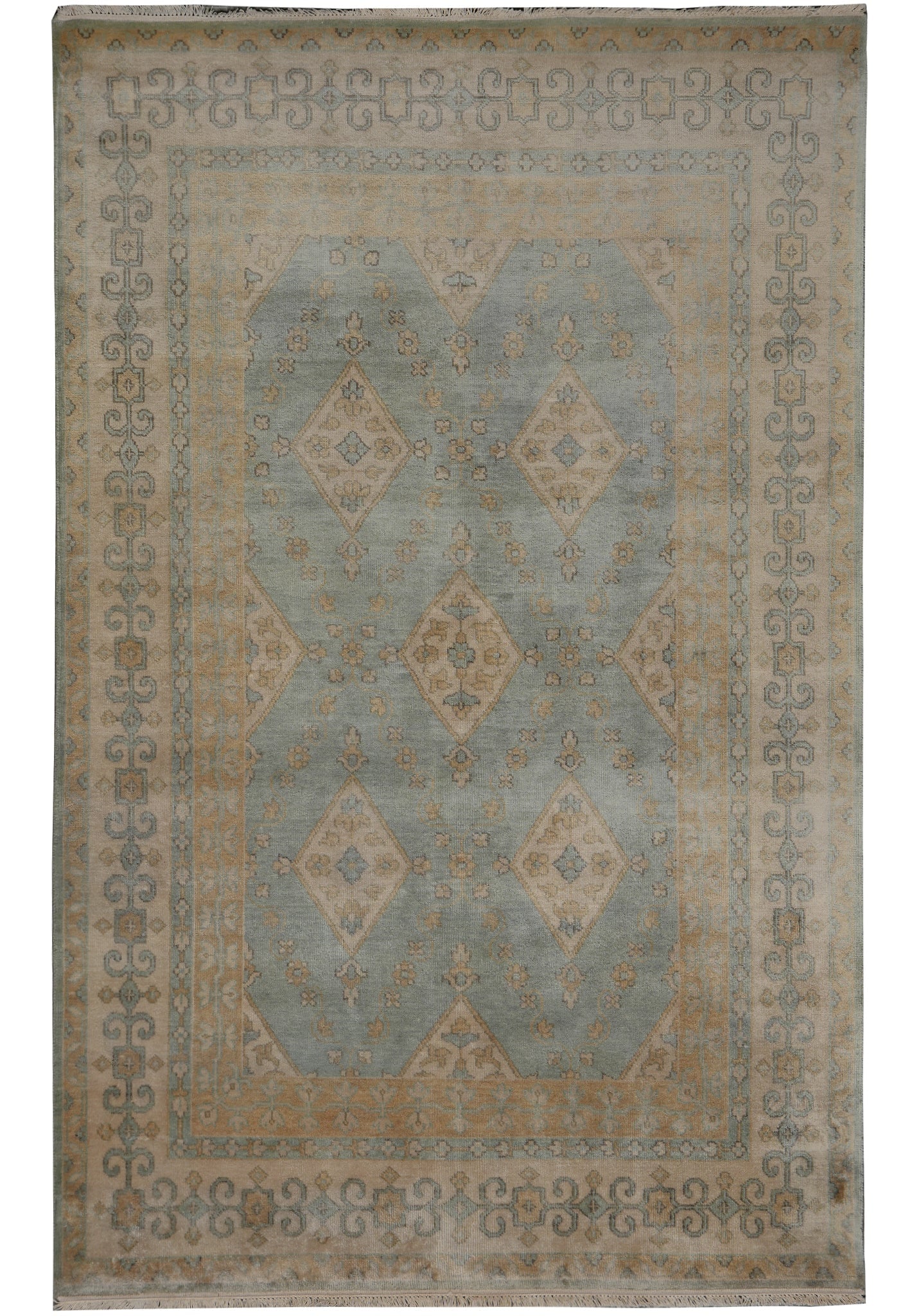 6 x 8.9 Light Blue Turkish Oushak Rug Hand Knotted Wool Carpet: 6 x 8.9 Light Blue Turkish Oushak Rug Hand Knotted Wool Carpet Free continental US Shipping This 6 x 8.9 Light Blue Oushak Rug is a hand-knotted wool carpet with a serene light blue palette and classi