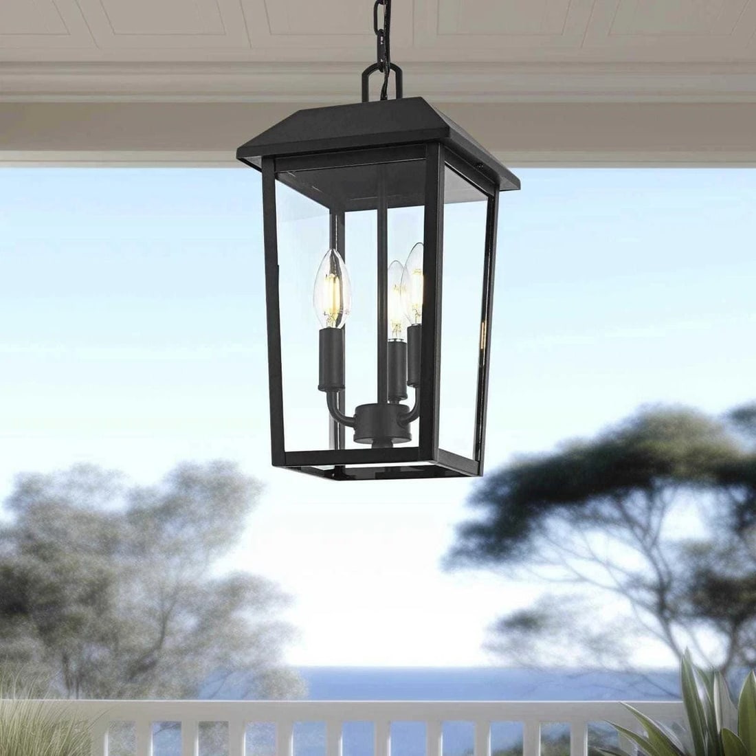 Riggs 3 Light Outdoor Pendant Lantern Black Iron Clear Glass 15in (1 of 10)