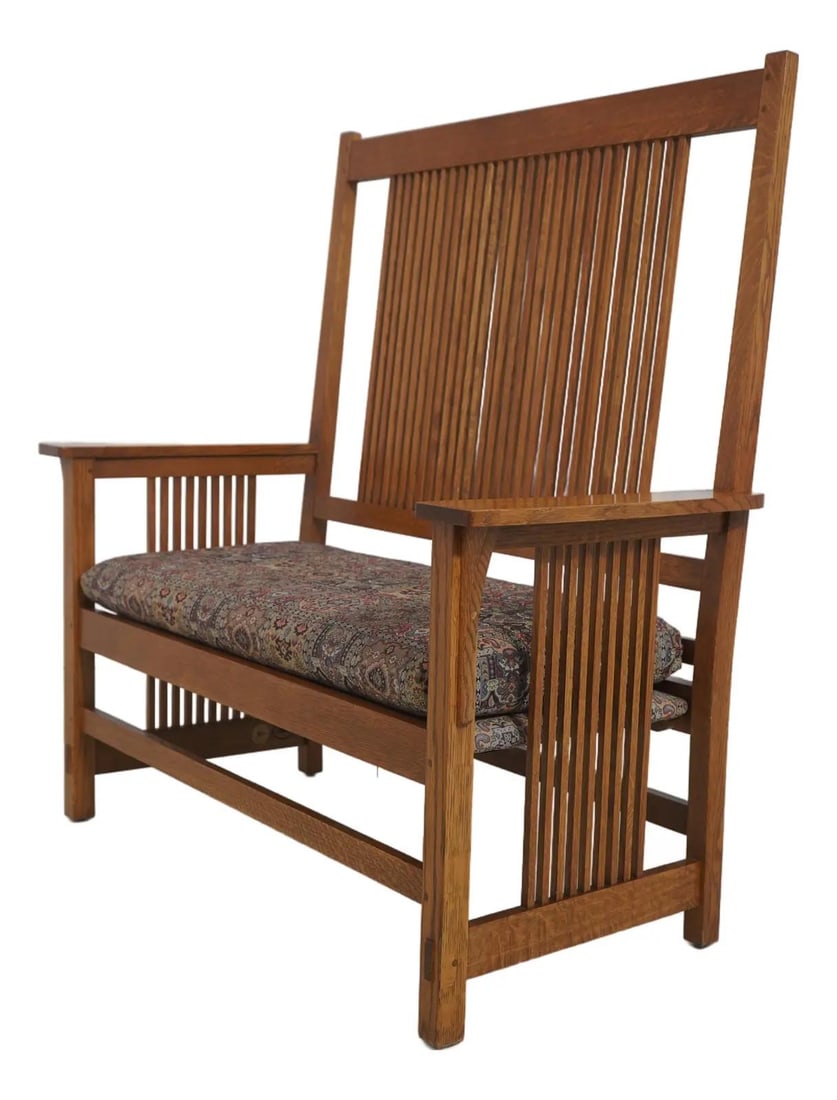 Mission Style Oak Settee with Spindle Back and Sides by Stickley: Mission Style Oak Settee with Spindle Back and Sides by Stickley This Stickley Mission Oak spindle settee loveseat features a classic Arts & Crafts design crafted from quarter sawn oak. It showcases m