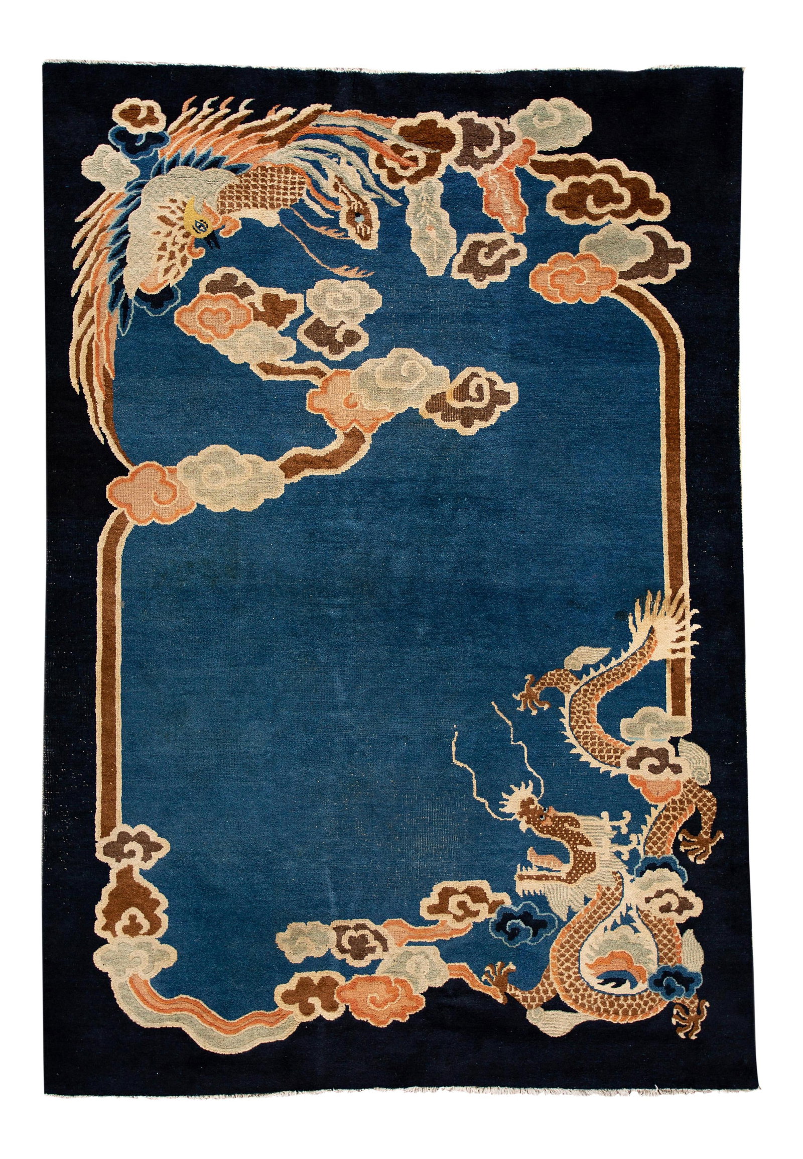 Late 19th Century Antique Art Deco Chinese Peking Wool Rug 6'8 x 9': Late 19th Century Antique Art Deco Chinese Peking Wool Rug 6'8 x 9' This exquisite late 19th-century antique Chinese Art Deco Peking rug showcases a beautiful hand-knotted design in a striking blue fi
