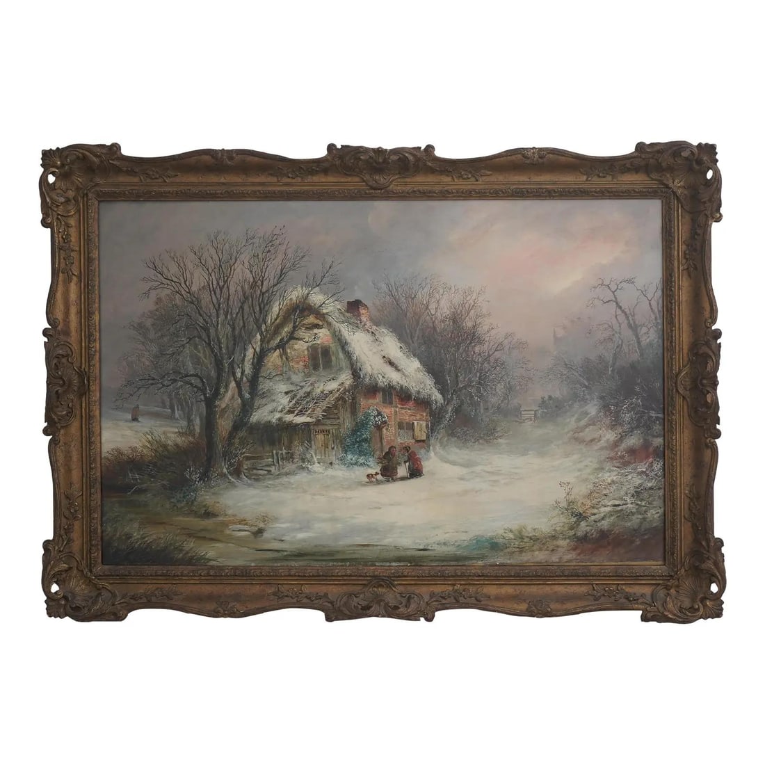 Framed Winter Cottage Oil Painting 39w x 27.5h (1 of 10)