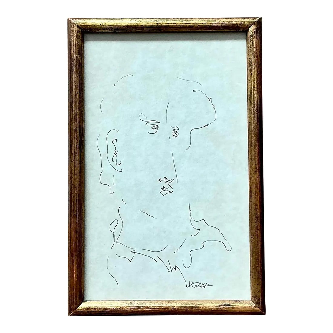 Set of Three 1964 Framed Bohemian Giltwood Man Sketches: Set of Three 1964 Framed Bohemian Giltwood Man Sketches This set includes three original sketches from 1964, each illustrating a man's face in a continuous-line style that reflects a bohemian and mid-