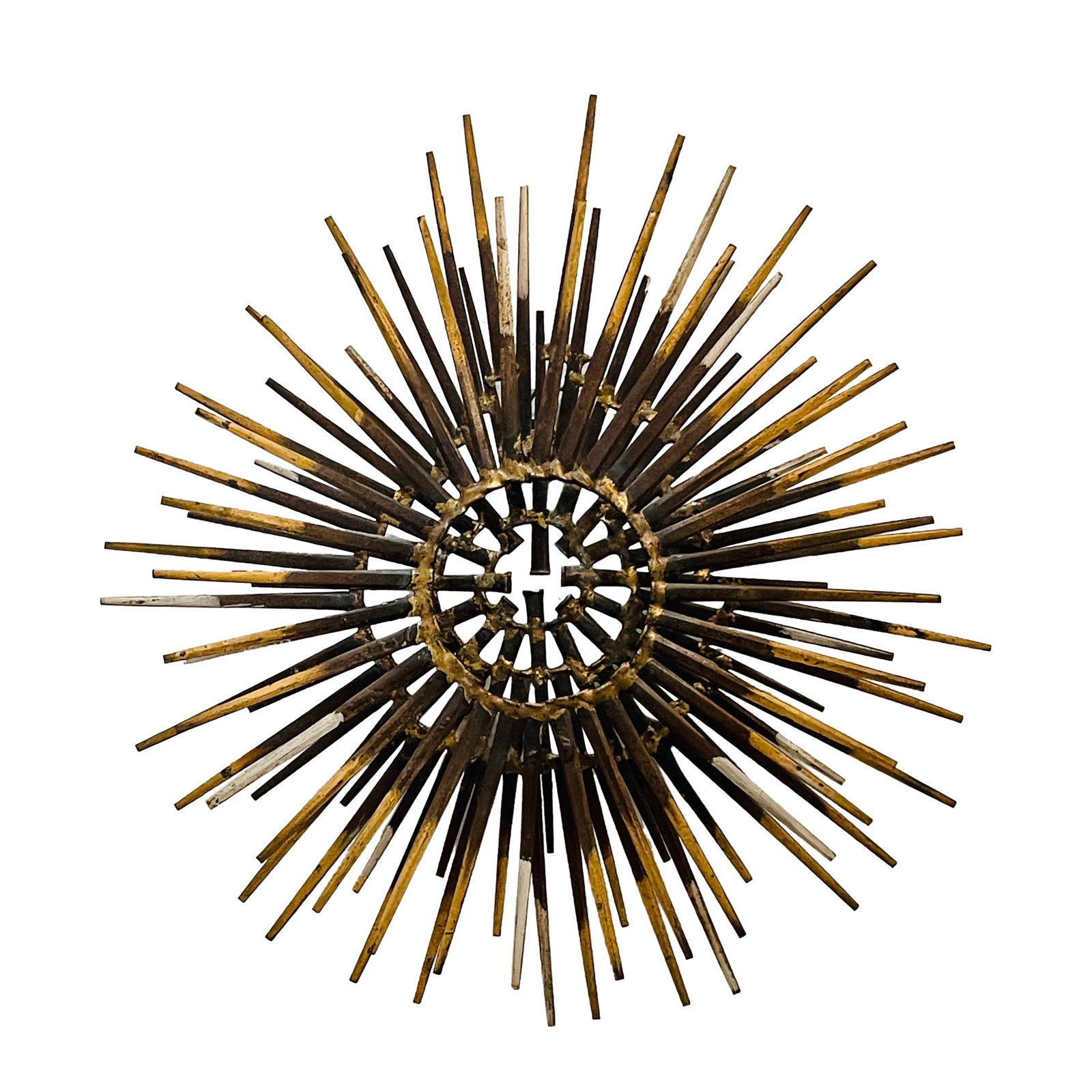 William Bowie Gilt Iron Two-Tier Sunburst Wall Sculpture 1970s Mid-Century Modern: William Bowie Gilt Iron Two-Tier Sunburst Wall Sculpture 1970s Mid-Century Modern This exquisite Diminutive Gilt Iron Two-Tier Sunburst Wall Sculpture by William Bowie is a stunning representation of 