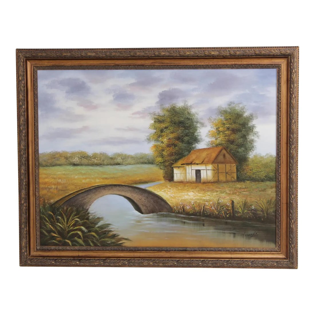 Signed Y Zade farmhouse oil painting in carved gold frame: Signed Y Zade farmhouse oil painting in carved gold frame This vintage oil on canvas painting by Y. Zade features a vibrant impressionist depiction of a farmhouse, showcasing fine carved details and v