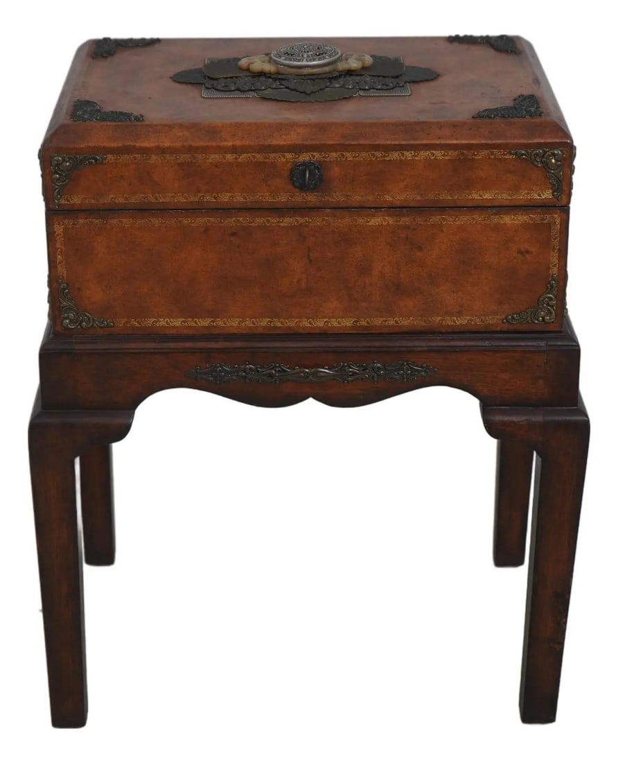 Ornate Chinese Style Leather Box on Stand 30 Years Old (1 of 10)