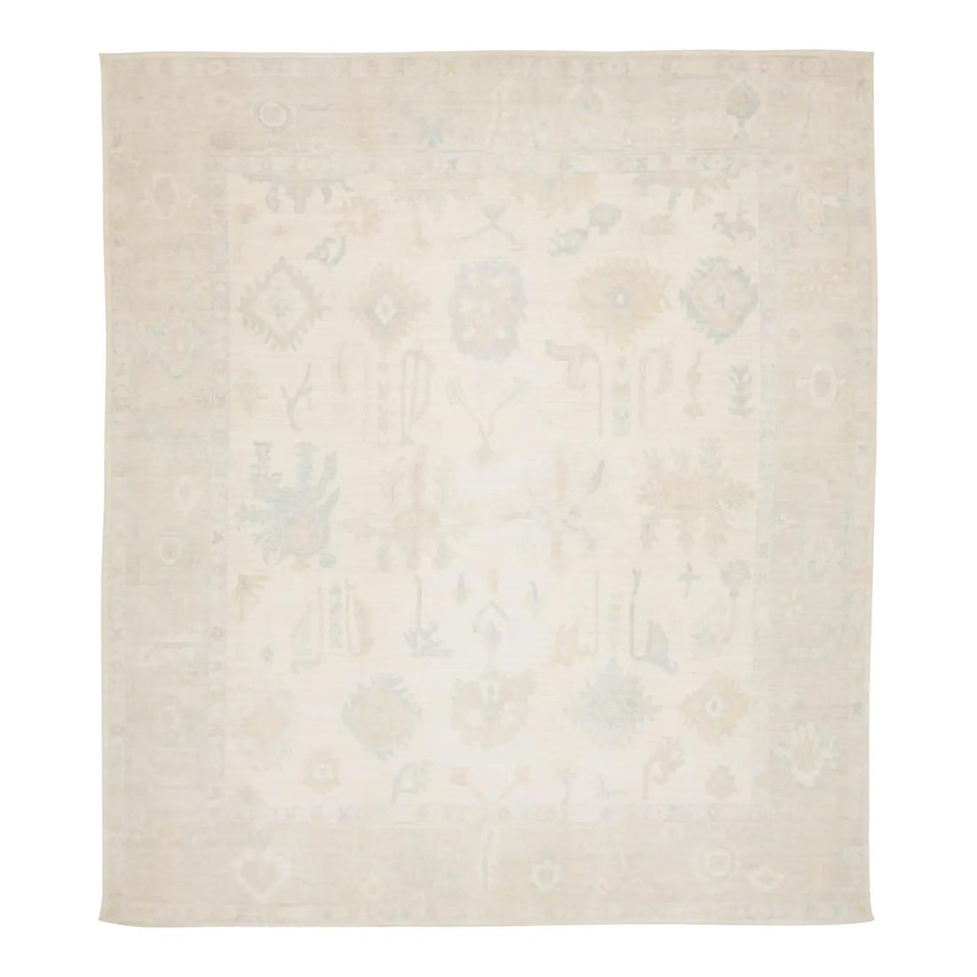 Hand Knotted Wool Oushak Style Area Rug 13'2 x 14'10: Hand Knotted Wool Oushak Style Area Rug 13'2 x 14'10 This Modern Oushak style area rug is hand-knotted from wool to replicate the classic look of antique Turkish carpets. It features geometric medalli