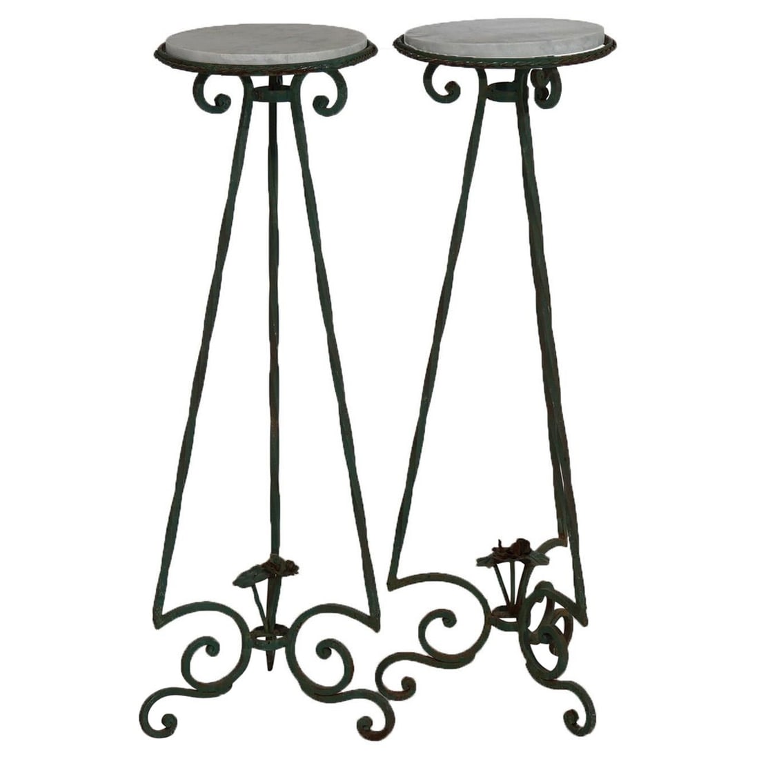 Set of 2 Antique Oscar Bach Style Wrought Iron Marble Plant Stands C1920: Set of 2 Antique Oscar Bach Style Wrought Iron Marble Plant Stands C1920 This exquisite set of two antique plant stands, crafted in the early 20th century circa 1920, showcases a beautiful Arts and Cr