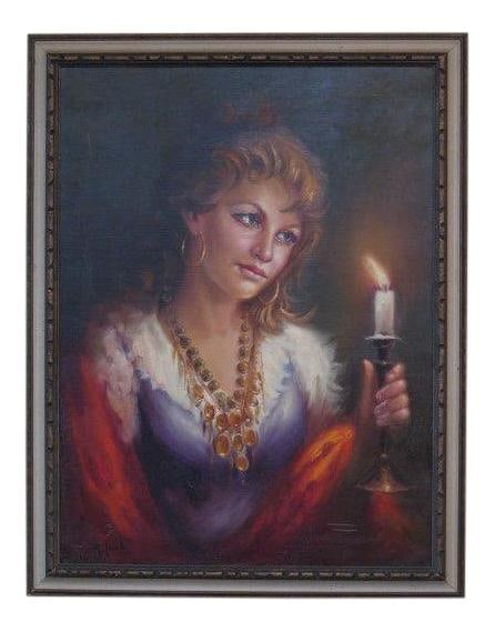1960s Italian Framed Oil Painting Portrait Woman Signed Ink Blue: 1960s Italian Framed Oil Painting Portrait Woman Signed Ink Blue This exquisite vintage Italian painting from the 1960s features a beautifully rendered portrait of a woman, showcasing the artist's qua