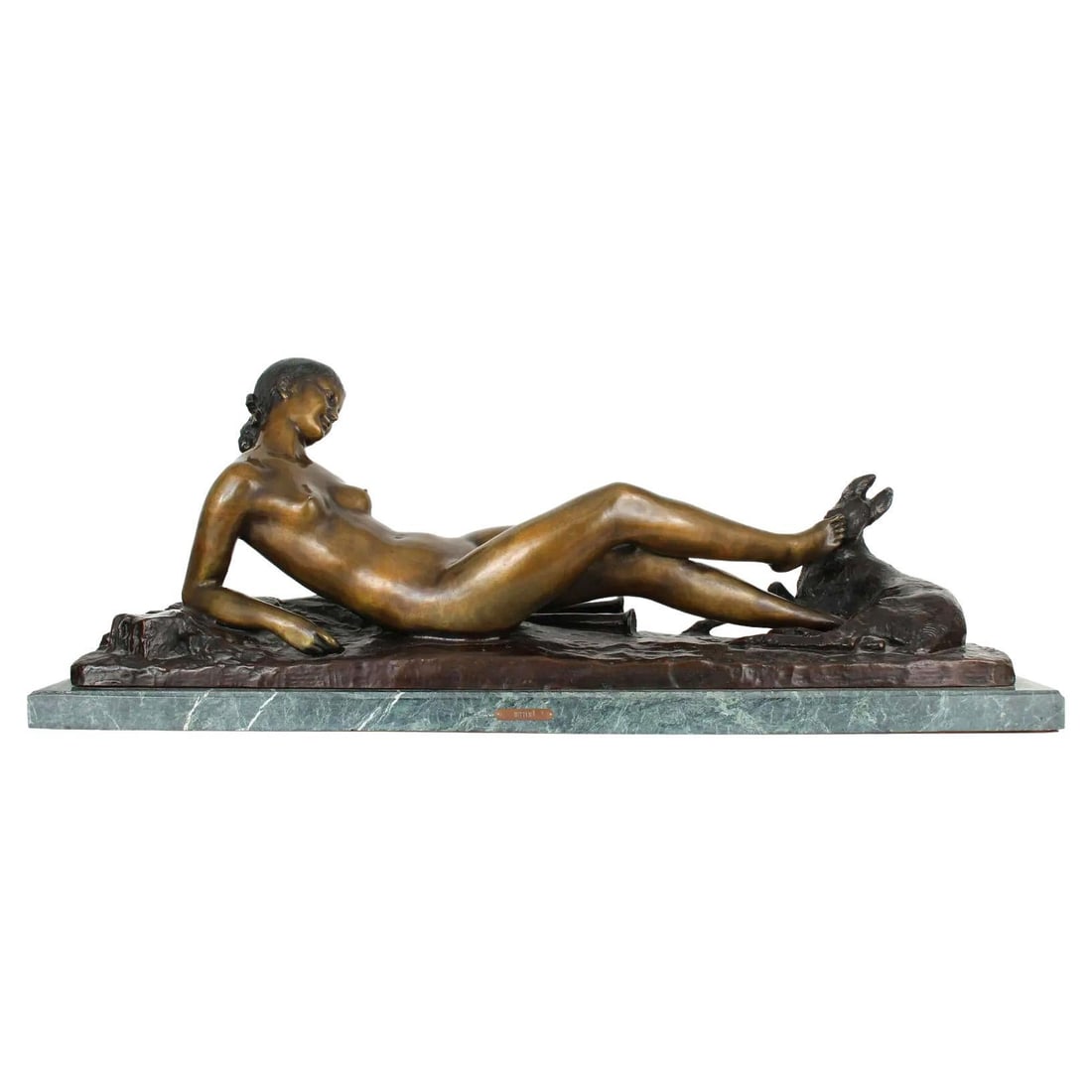 Neoclassical Bronze Reclining Woman with Fawn After Ary Bitter on Marble Base: Neoclassical Bronze Reclining Woman with Fawn After Ary Bitter on Marble Base This neoclassical bronze sculpture, created after Ary Bitter, features a reclining female nude accompanied by a baby deer 