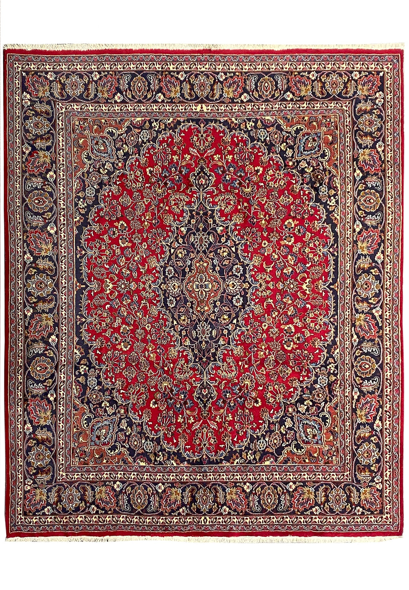 9 x 10.9 Hand Knotted Iran Persian Mashad Wool Rug: 9 x 10.9 Hand Knotted Iran Persian Mashad Wool Rug Free continental US Shipping This traditional Persian Mashad rug is hand-knotted in Mashhad, Iran, and features a classic central medallion design wi