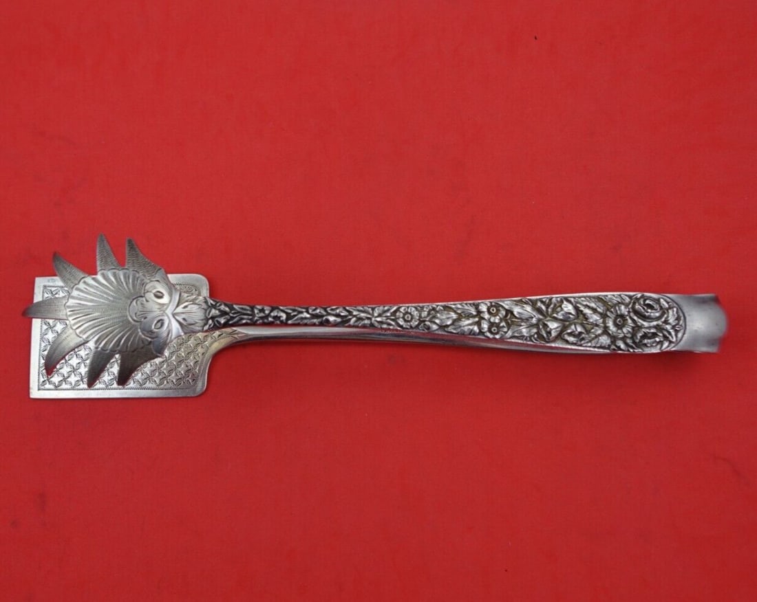 Kirk Repousse Sterling Silver Pastry Tongs 9 1/2" Diaper Work 1800s (1 of 3)