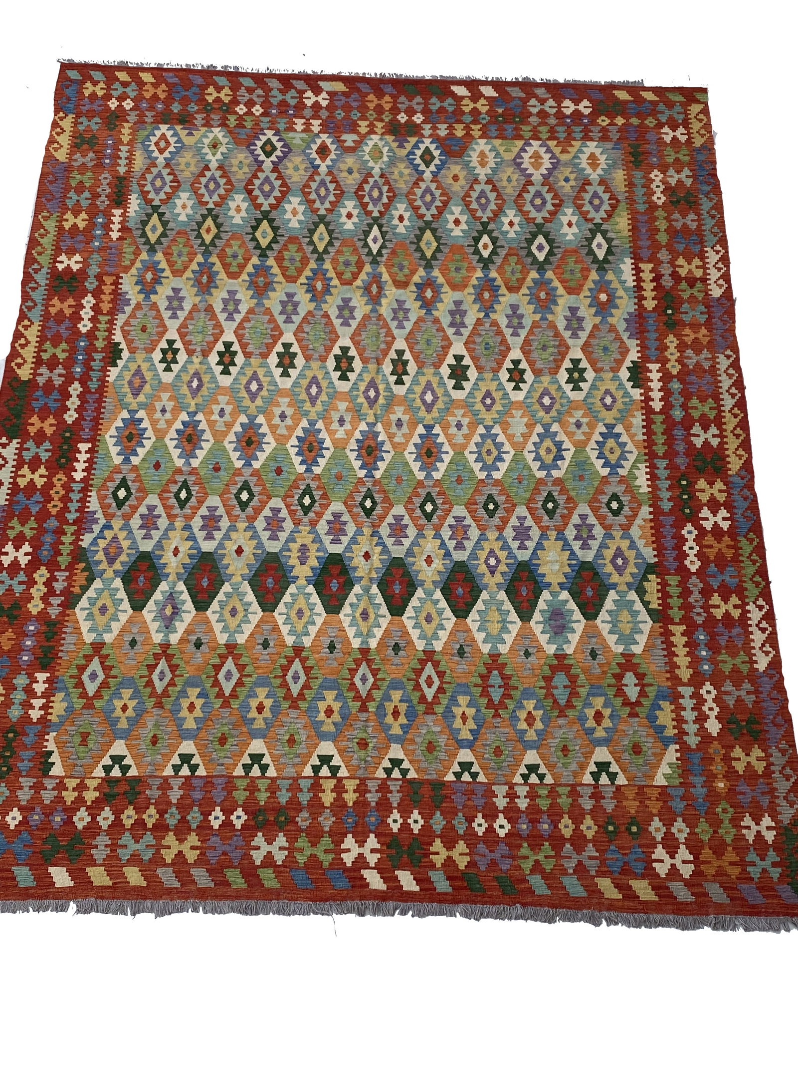 10 x 13 Handwoven Multi-Color Red Tribal Kilim Rug from Afghanistan: 10 x 13 Handwoven Multi-Color Red Tribal Kilim Rug from Afghanistan Free continental US Shipping Transform your space with the vibrant allure of our 10' x 13' Multi-Color Red Kilim Rug. Handwoven by s
