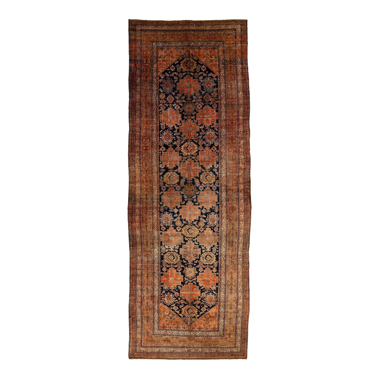 Antique Floral Persian Malayer Wool Rug Navy 7'2 x 20'1: Antique Floral Persian Malayer Wool Rug Navy 7'2 x 20'1 Enhance your space with this exquisite Antique Floral Persian Malayer Gallery Wool Rug. Hand-knotted with care, this stunning rug showcases a ri