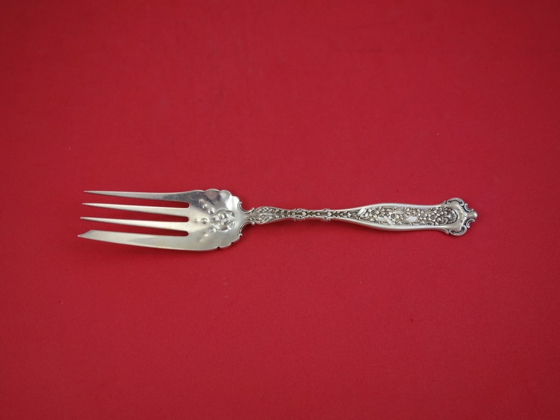 Whiting Dresden Sterling Silver Serving Fork Cold Meat 7 3/4 in: Whiting Dresden Sterling Silver Serving Fork Cold Meat 7 3/4 in A sterling silver serving fork in the Dresden pattern by Whiting, made in Germany and dated to the 1850-1899 period. The piece measures 