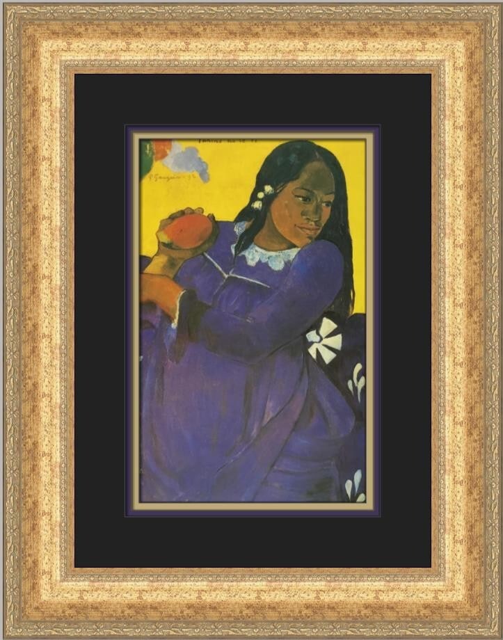 Paul Gauguin Woman with a Mango Custom Framed Art Print: Paul Gauguin Woman with a Mango Custom Framed Art Print This exquisite custom framed print features Paul Gauguin's iconic artwork, "Woman with a Mango." The piece is a medium-sized representation of t