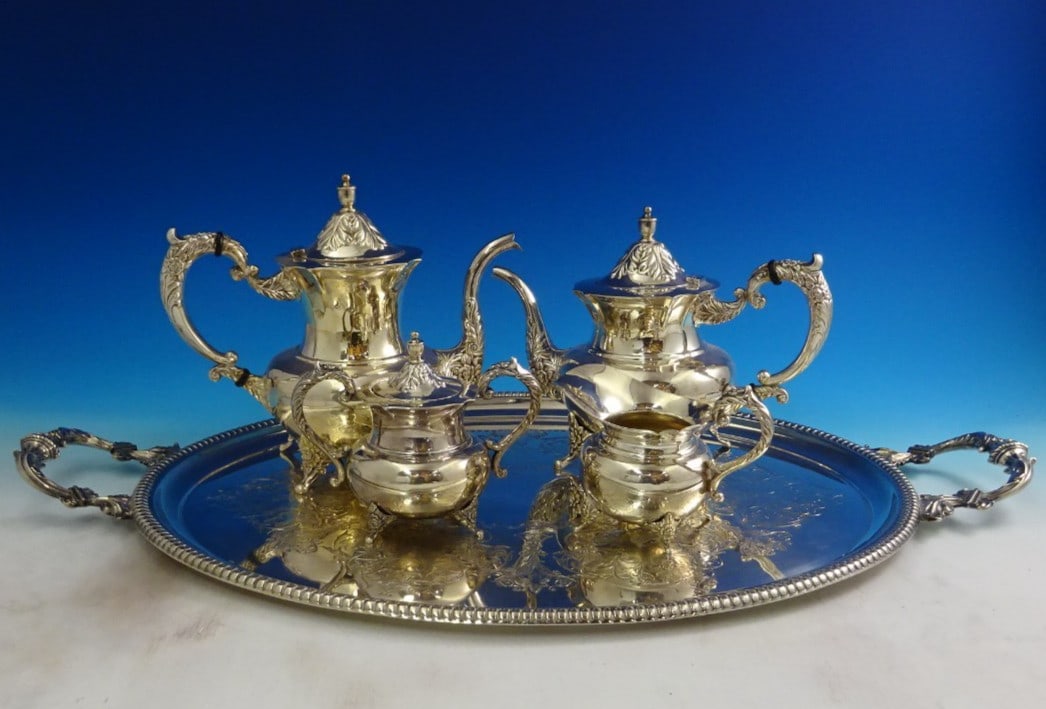 Japanese Chrysanthemum 950 Silver Four-Piece Tea Service with Silverplate Tray (1 of 18)