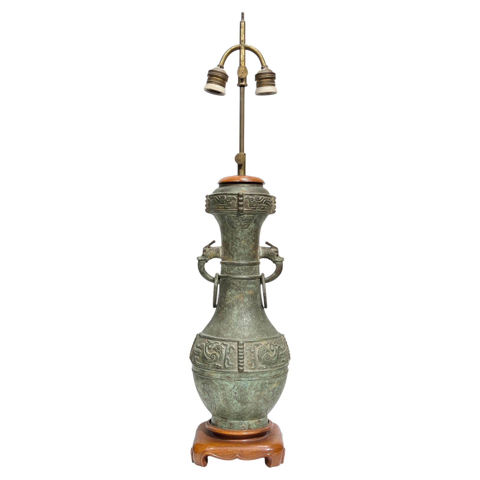 Chinese Archaistic Bronze Vase Table Lamp with Dragon Ring Handles (1 of 10)