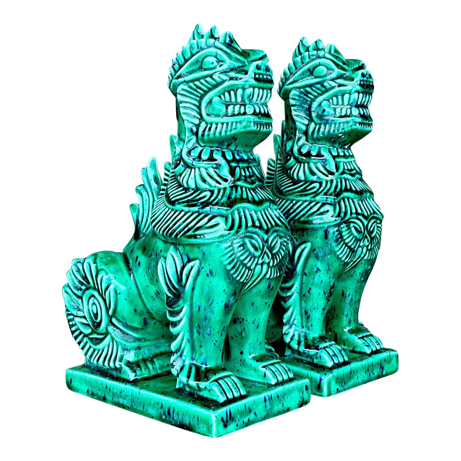Vintage Boho Green Ceramic Foo Dogs Pair with 1975 Inscription (1 of 8)