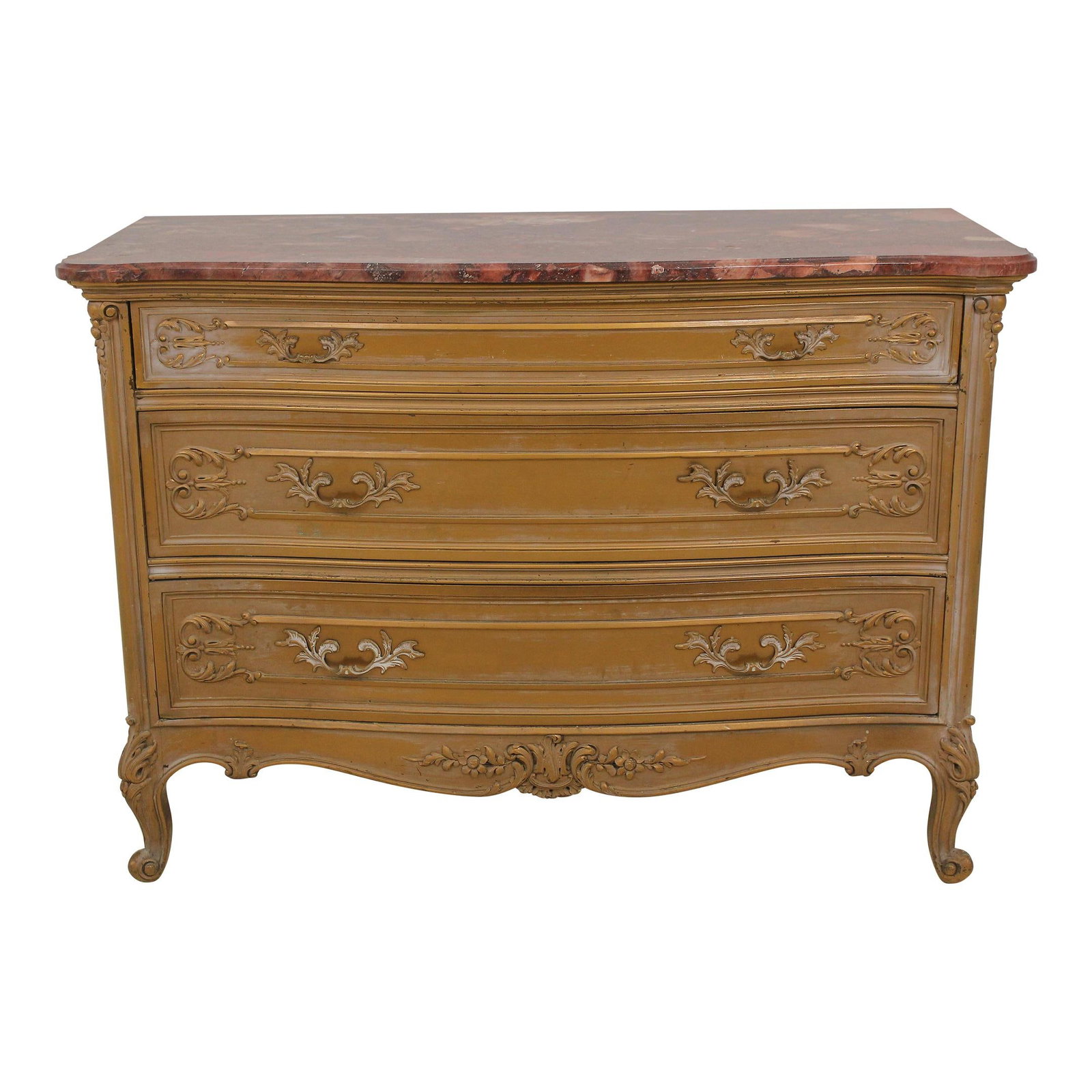 Vintage Louis XV Rose Marble Top 3 Drawer Chest 1900-1920s: Vintage Louis XV Rose Marble Top 3 Drawer Chest 1900-1920s This exquisite Vintage French Louis XV chest features a stunning rose-colored marble top with a beveled edge that enhances its elegance. Craf
