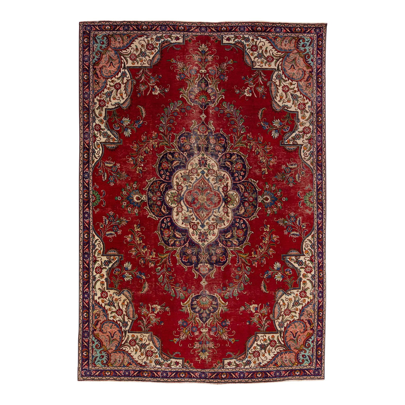 Vintage Persian Tabriz 7'4 x 10'10 Red Wool Medallion Rug: Vintage Persian Tabriz 7'4 x 10'10 Red Wool Medallion Rug This stunning vintage Persian Tabriz rug features a vibrant red color field, complemented by a navy blue frame and multicolored accents in a u
