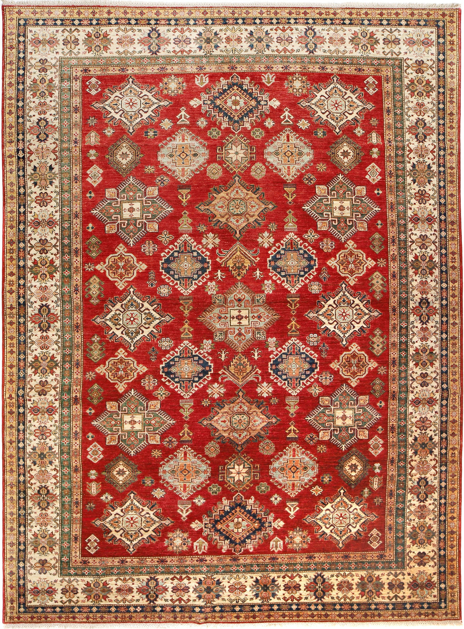 9 x 12.5 Super Kazak Hand-Knotted Wool Area Rug Red Ivory Green Blue: 9 x 12.5 Super Kazak Hand-Knotted Wool Area Rug Red Ivory Green Blue Free continental US Shipping Transform your space with the stunning 9 x 12.5 Super Kazak Area Rug, meticulously hand-knotted by Afg