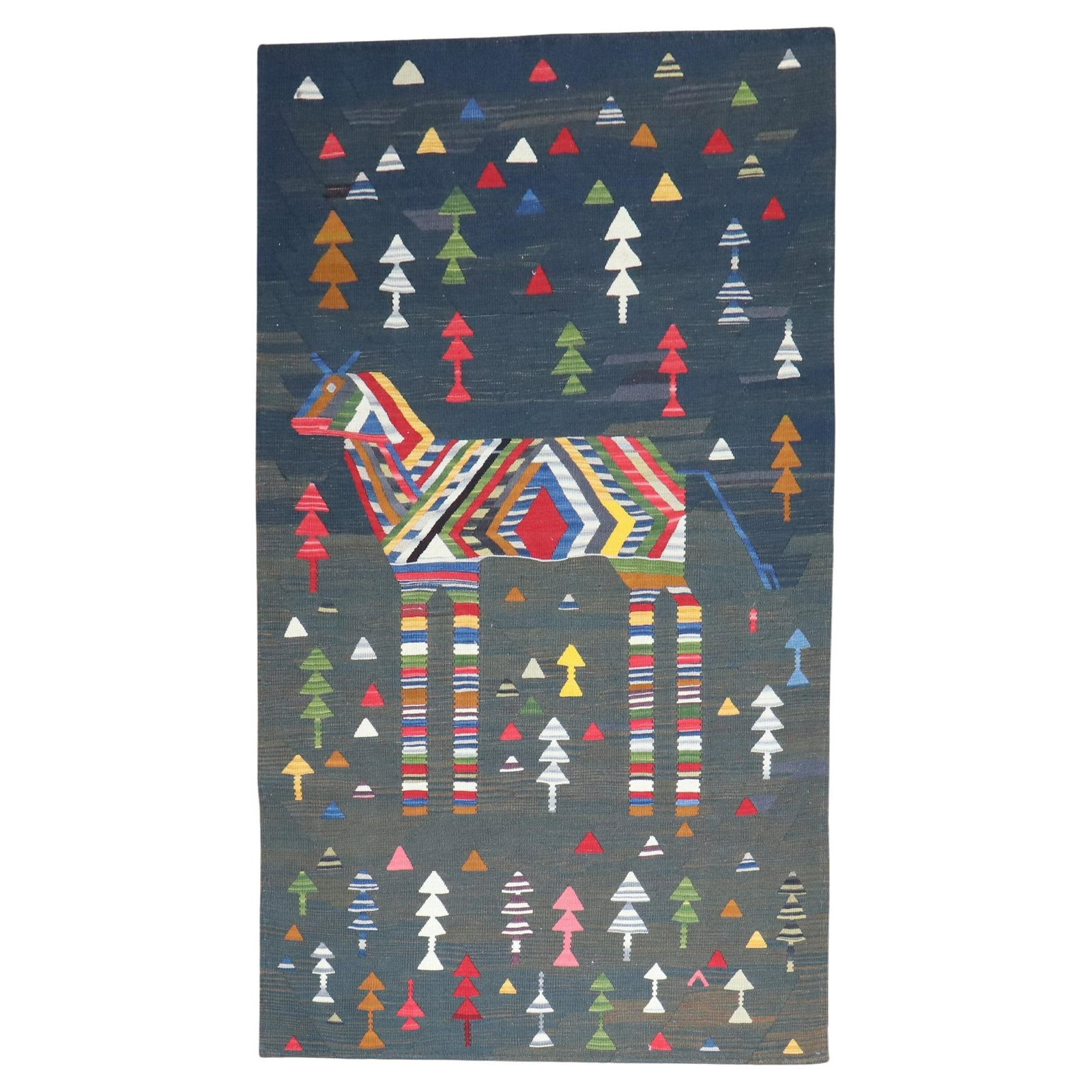 Zabihi Collection Horse Pictorial Wool Kilim 51 x 86 Folk Art: Zabihi Collection Horse Pictorial Wool Kilim 51 x 86 Folk Art This stunning Zabihi Collection Horse Pictorial Persian Wall Kilim showcases a vibrant depiction of a horse surrounded by small trees on a