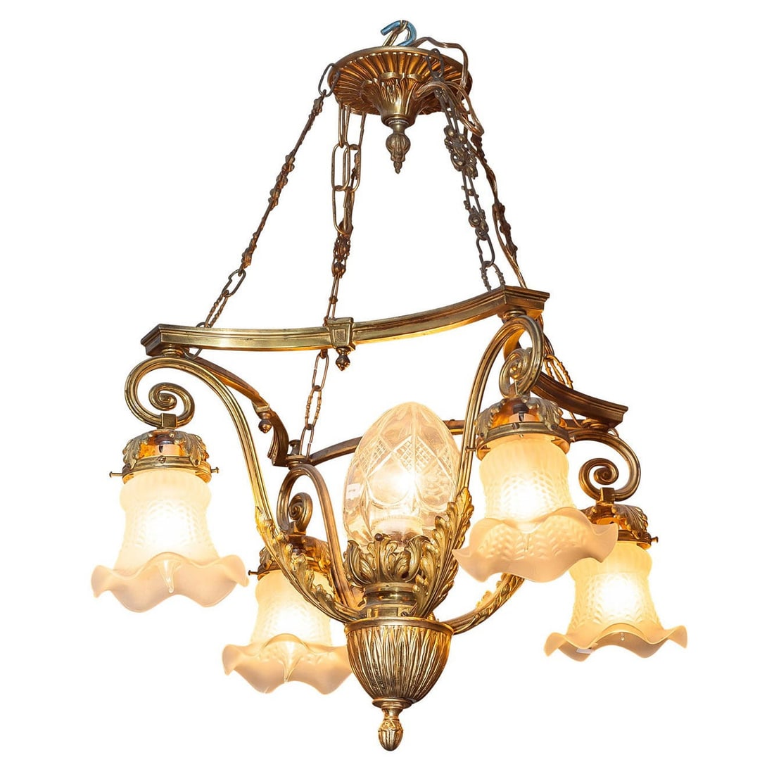 French Louis XV Style Gilt Bronze 5-Light Chandelier: French Louis XV Style Gilt Bronze 5-Light Chandelier Petite five-light gilt bronze chandelier in the French Louis XV style. It features four flower petal shaped frosted glass shades and a socket at ce