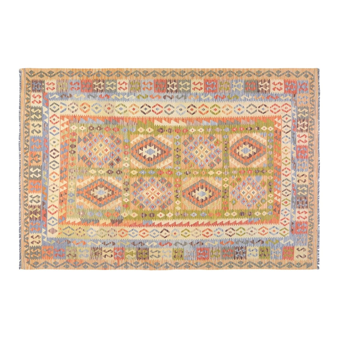 Turkish Hand Knotted Wool Area Rug 6'6x10 Green: Turkish Hand Knotted Wool Area Rug 6'6x10 Green This vintage Turkish hand-knotted wool rug is expertly flatwoven using traditional techniques, blending timeless craftsmanship with a modern design sens