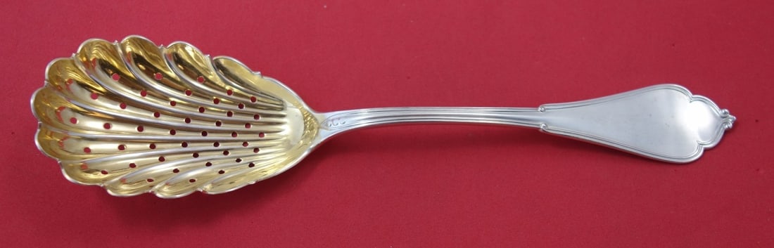 Vanderslice Gothic aka Eureka Sterling Ice Spoon Gold Washed Shell Bowl 8 1/2": Vanderslice Gothic aka Eureka Sterling Ice Spoon Gold Washed Shell Bowl 8 1/2" Sterling silver serving spoon in the Gothic aka Eureka pattern by Vanderslice. This ice spoon features a gold washed shel