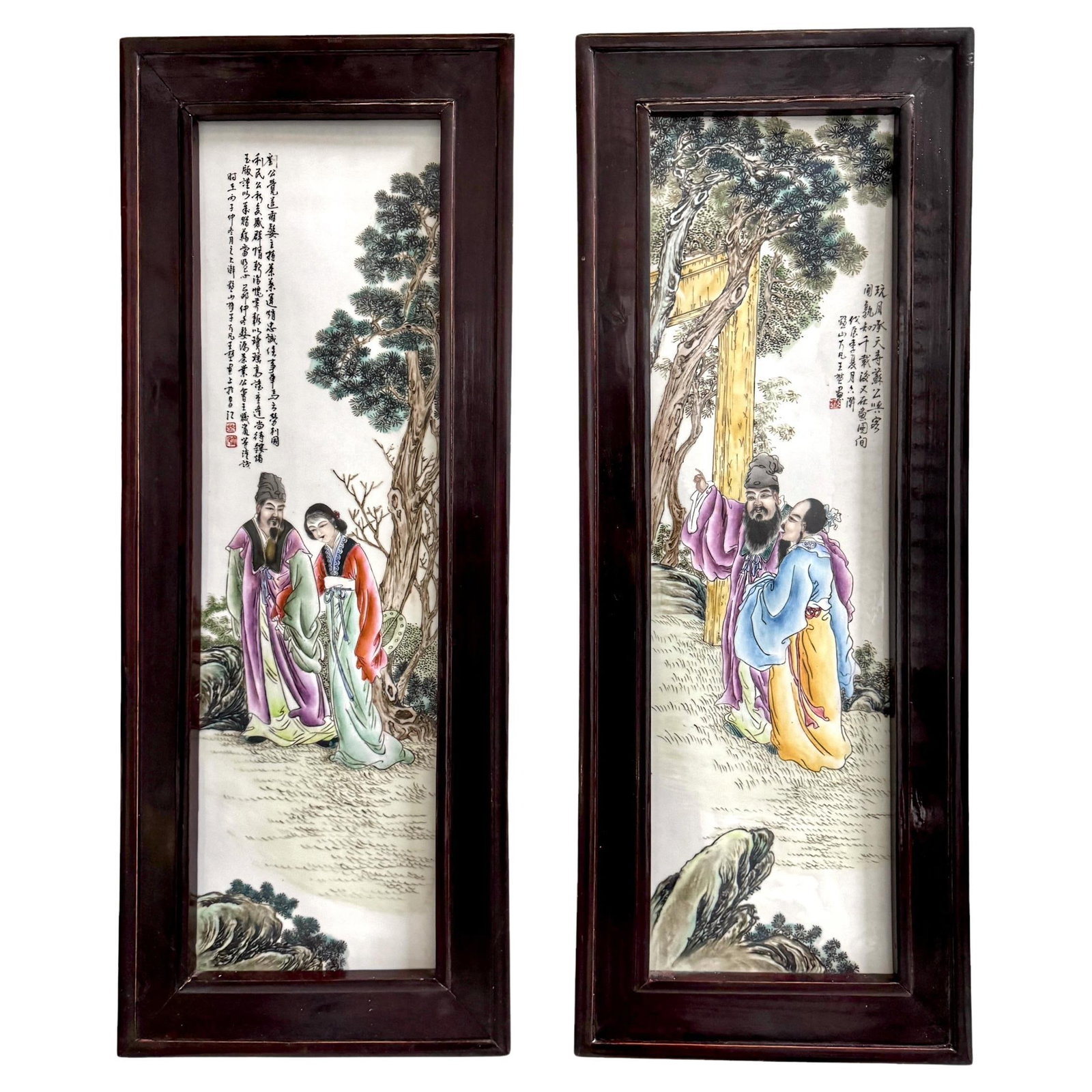 Chinese Republic Porcelain Panels Set of 2 Scholars in Landscape: Chinese Republic Porcelain Panels Set of 2 Scholars in Landscape This exquisite pair of Chinese Republic porcelain panels showcases scholars in a serene landscape, representing the essence of wisdom a