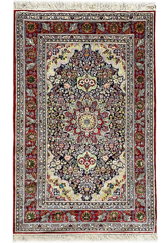 New Handmade Silk Tabriz Area Rug 3' x 5' in Blue Burgundy Green Ivory: New Handmade Silk Tabriz Area Rug 3' x 5' in Blue Burgundy Green Ivory Free continental US Shipping Elevate your living space with this exquisite 3' x 5' New Handmade Silk Rug, expertly handwoven by s