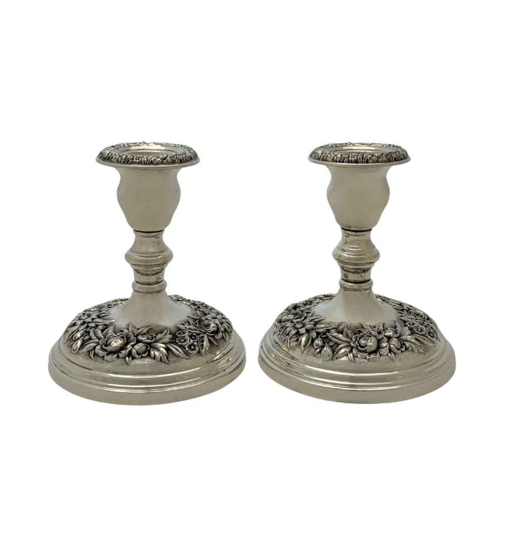 S Kirk Son Sterling Silver Floral Repousse Candlesticks 4.75 inch (1 of 3)