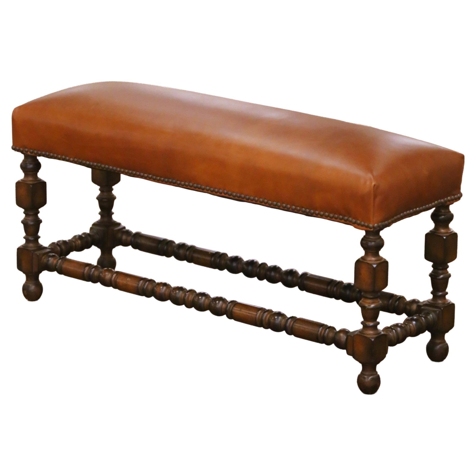 French Walnut Louis XIII Style Bench with Cognac Leather Upholstery Circa 1920 (1 of 9)
