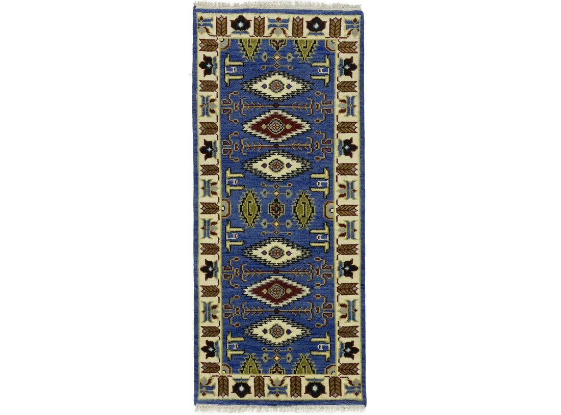 Handmade Wool Kazak Style Geometric Area Rug 2'8 x 6'0 Modern Tribal Design: Handmade Wool Kazak Style Geometric Area Rug 2'8 x 6'0 Modern Tribal Design This hand-knotted Kazak geometric tribal rug features a striking combination of blue, cream, red, pastel yellow, and dark br